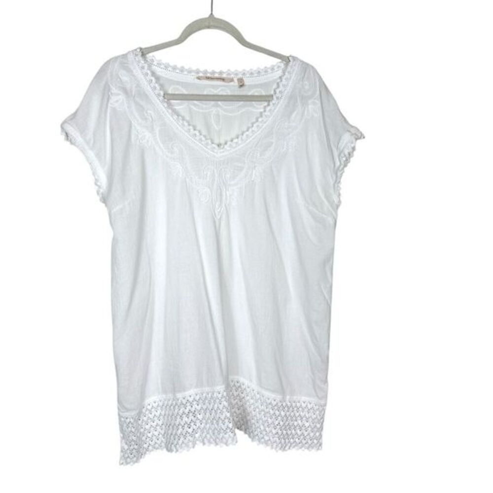 Soft Surroundings Top Delsie Blouse Large White Tunic Embroidered Lace Cotton L